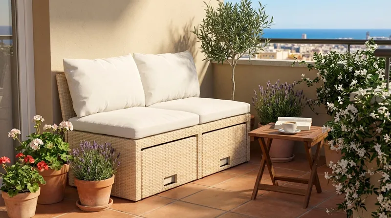 Bahamas Liten Balkongsoffa med dynor och pallar i konstrotting - Beige - Products - Utemöbler & utemiljö - Balkong & altan - Balkongmöbler - Balkongsoffa