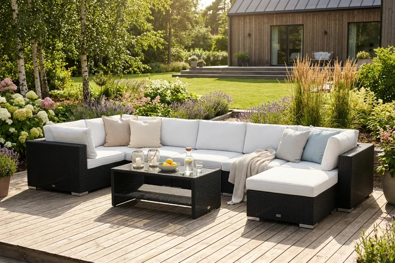 Bahamas U-formad utomhus loungegrupp 7-sits med vändbar divan och bord med hylla - Svart - Products - Utemöbler & utemiljö - Loungemöbler - Loungeset & loungegrupp