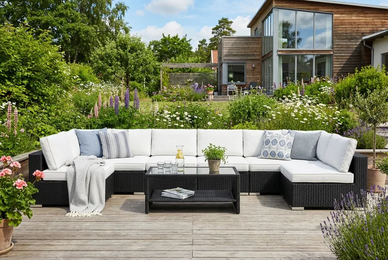 Bahamas U-formad utomhus loungegrupp med öppet avslut, 8-sits med bord och hylla - Svart - Products - Utemöbler & utemiljö - Loungemöbler - Loungeset & loungegrupp