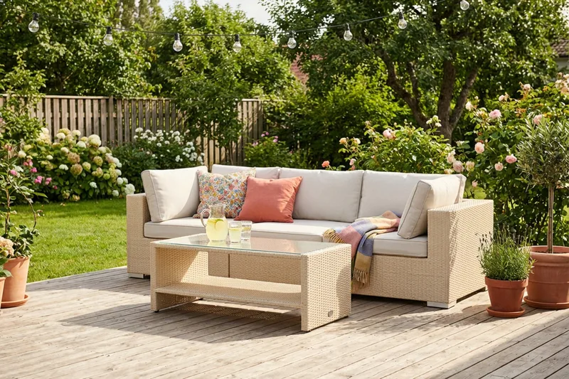 Bahamas utesoffa 3-sits med bord och hylla - Beige - Products - Utemöbler & utemiljö - Loungemöbler - Loungeset & loungegrupp