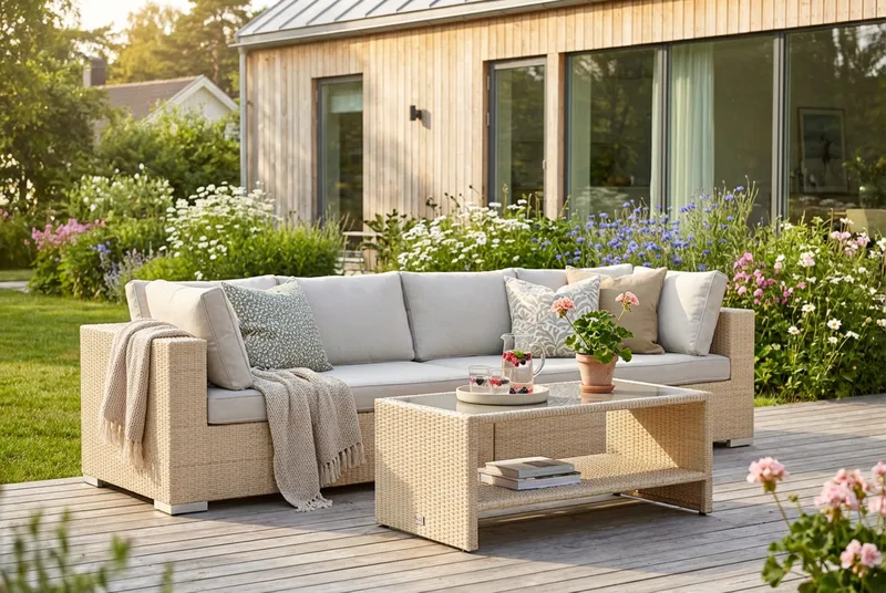 Bahamas utesoffa 4-sits med bord och hylla - Beige - Products - Utemöbler & utemiljö - Loungemöbler - Loungeset & loungegrupp