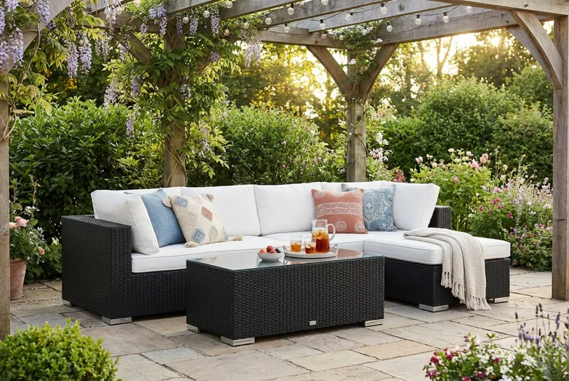 Bahamas utomhus divansoffa 5-sits med vändbar divan och bord - Svart - Products - Utemöbler & utemiljö - Loungemöbler - Loungeset & loungegrupp