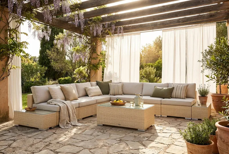 Bahamas utomhus hörnsoffa 7-sits vändbar med öppet avslut och bord - Beige - Products - Utemöbler & utemiljö - Loungemöbler - Loungeset & loungegrupp