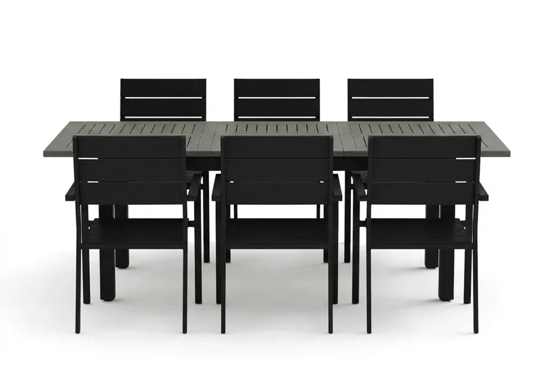 Monaco utomhus matgrupp förlängningsbart 150-250x90 med 6 Tunis stapelstolar - Svart/Grå - Products - Utemöbler & utemiljö - Utegrupp - Matgrupp utomhus