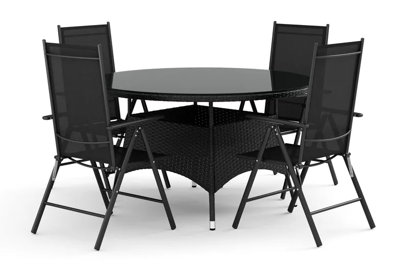 Thor utomhus rund matgrupp 140 cm med 4 positionsstolar, Svart