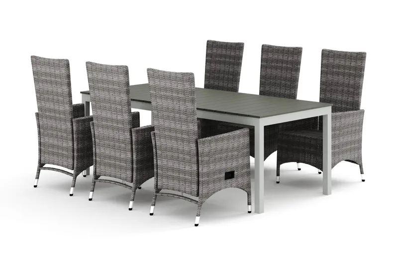 Tunis utomhus matgrupp förlängningsbart 205/305x90 cm med 6 Jenny matstolar, Vit/Grå