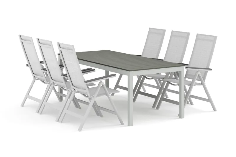 Tunis utomhus matgrupp förlängningsbart 205/305x90 cm med 6 Monaco Light positionsstolar, Vit/Grå