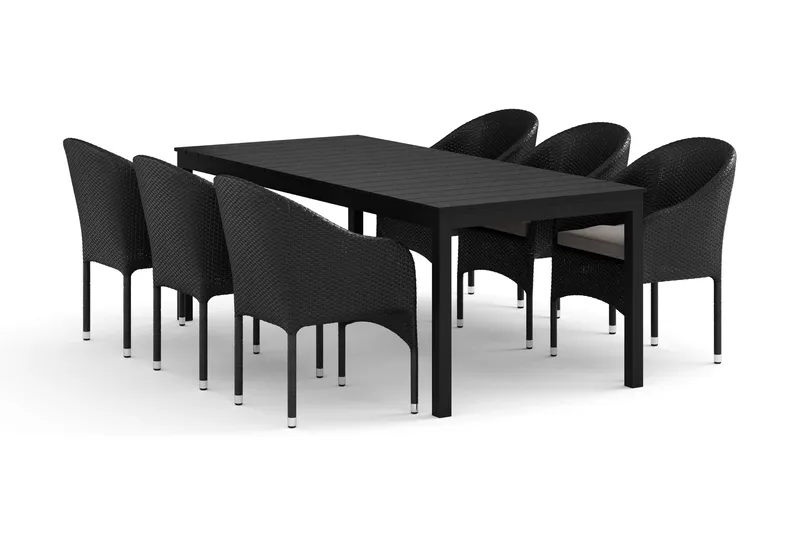 Tunis utomhus matgrupp förlängningsbart 205/305x90 cm med 6 Thor fåtöljer, Svart/Svart