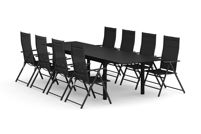 Tunis utomhus matgrupp förlängningsbart 205/305x90 cm med 8 positionsstolar, Svart/Svart